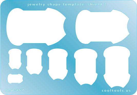 Blue plastic Jewelry Shape Template - Shield 2 Our special surface makes it easy to find these templates on your workbench, but allows clarity for positioning. Includes 8 shield shapes. Sizes are from 9mm to 35mm. 
