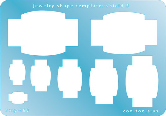 Blue plastic Jewelry Shape Template - Shield 3 Our special surface makes it easy to find these templates on your workbench, but allows clarity for positioning. Includes 8 shield shapes. Sizes are from 9mm to 35mm.