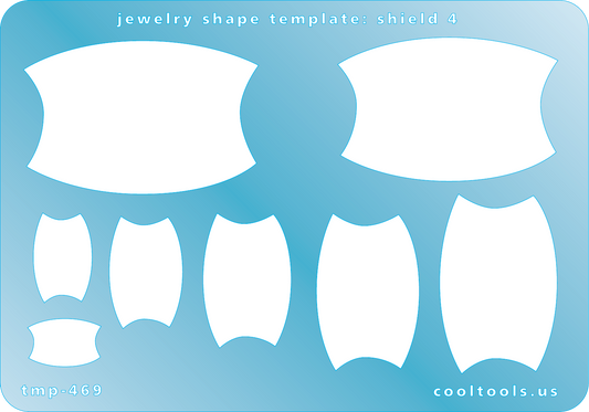 Blue plastic Jewelry Shape Template - Shield 4 Our special surface makes it easy to find these templates on your workbench, but allows clarity for positioning. Includes 8 shield shapes. Sizes are from 10mm to 33mm.
