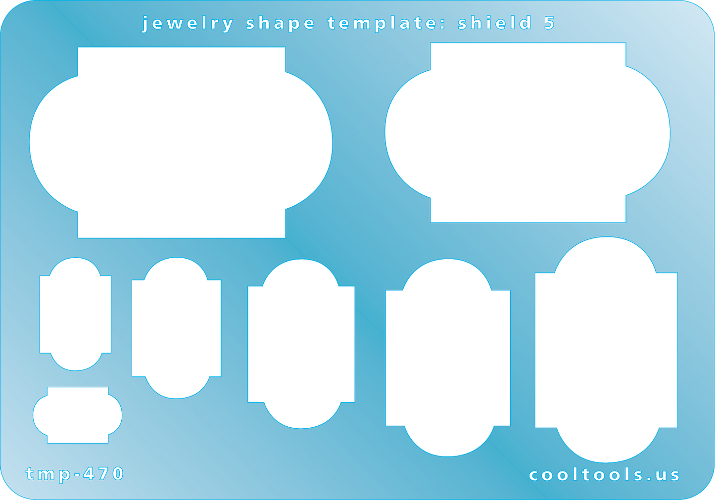 Blue plastic Jewelry Shape Template - Shield 5 Our special surface makes it easy to find these templates on your workbench, but allows clarity for positioning. Includes 8 shield shapes. Sizes are from 10mm to 34mm.