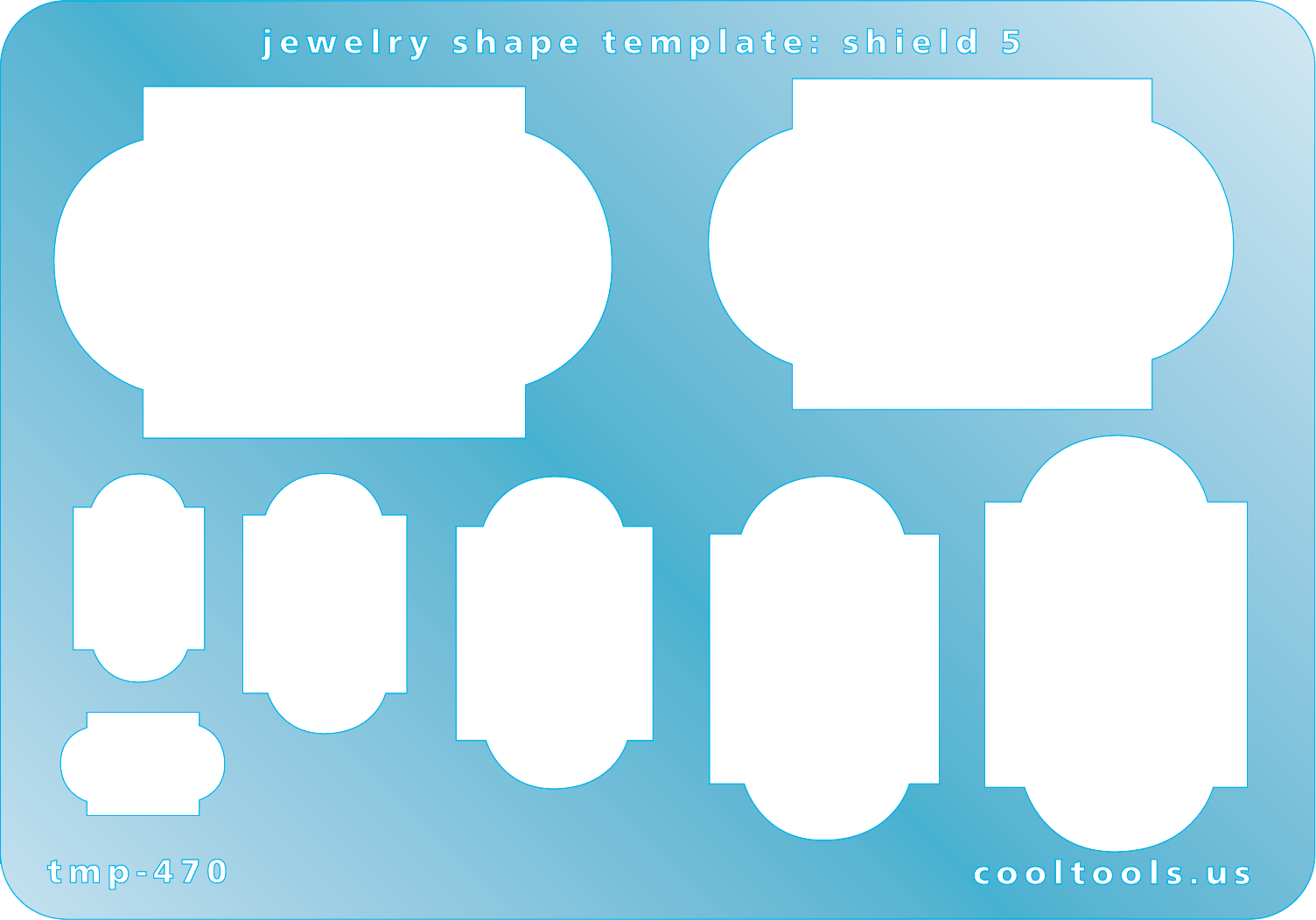 Blue plastic Jewelry Shape Template - Shield 5 Our special surface makes it easy to find these templates on your workbench, but allows clarity for positioning. Includes 8 shield shapes. Sizes are from 10mm to 34mm.