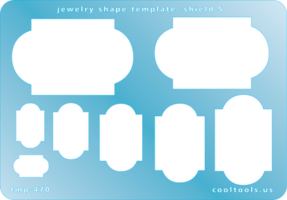 Blue plastic Jewelry Shape Template - Shield 5 Our special surface makes it easy to find these templates on your workbench, but allows clarity for positioning. Includes 8 shield shapes. Sizes are from 10mm to 34mm.