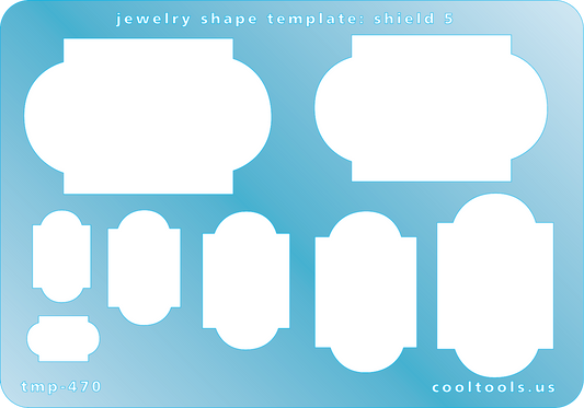 Blue plastic Jewelry Shape Template - Shield 5 Our special surface makes it easy to find these templates on your workbench, but allows clarity for positioning. Includes 8 shield shapes. Sizes are from 10mm to 34mm.