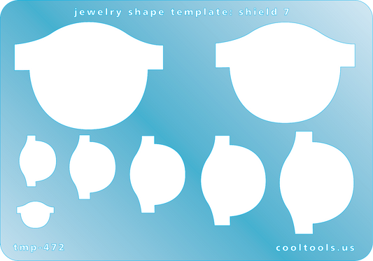 Blue plastic Jewelry Shape Template - Shield 7 Our special surface makes it easy to find these templates on your workbench, but allows clarity for positioning. Includes 8 shield shapes. Sizes are from 9mm to 36mm.