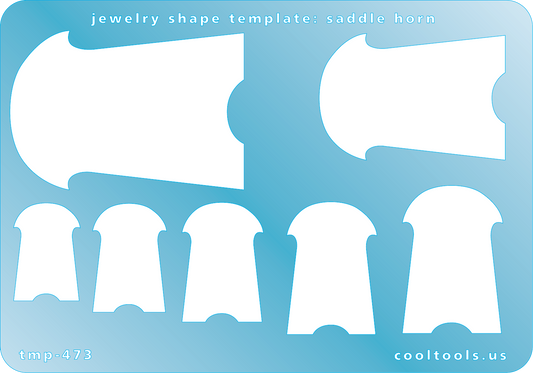 Blue plastic Jewelry Shape Template - Saddle Horn Our special surface makes it easy to find these templates on your workbench, but allows clarity for positioning. Includes 7 saddle horn shapes. Sizes are from 16m to 38mm. 