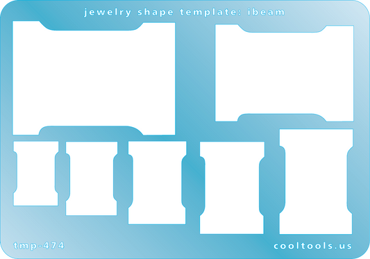 Blue plastic Jewelry Shape Template - I beam Our special surface makes it easy to find these templates on your workbench, but allows clarity for positioning. Includes 7 I beam shapes. Sizes are from 16m to 38mm.