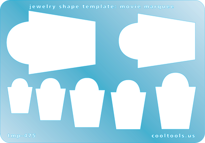 Blue plastic Jewelry Shape Template - Movie Marquee Our special surface makes it easy to find these templates on your workbench, but allows clarity for positioning. Includes 7 movie marquee shapes. Sizes are from 16m to 40mm.
