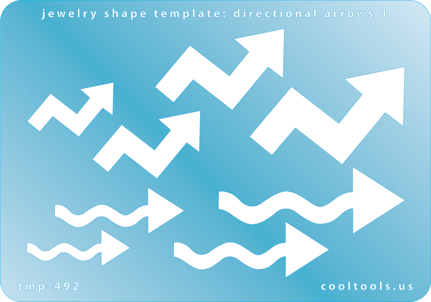 Blue plastic Jewelry Shape Template - Directional Arrows 1 Our special surface makes it easy to find these templates on your workbench, but allows clarity for positioning. Use smaller shapes for embossing or enamel stencils. Includes 8 arrow shapes. Sizes are from 30mm to 54.5mm.