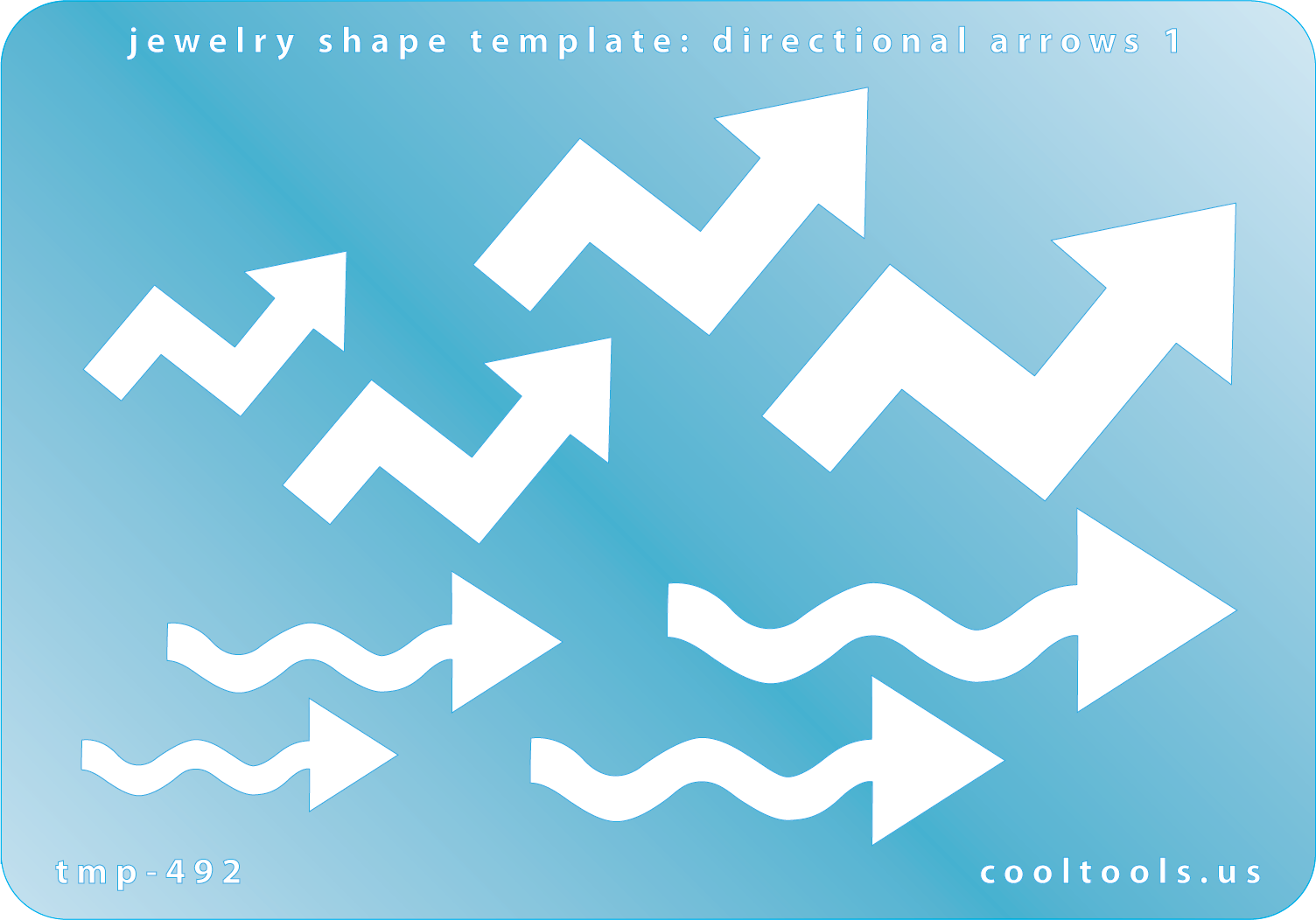 Blue plastic Jewelry Shape Template - Directional Arrows 1 Our special surface makes it easy to find these templates on your workbench, but allows clarity for positioning. Use smaller shapes for embossing or enamel stencils. Includes 8 arrow shapes. Sizes are from 30mm to 54.5mm.