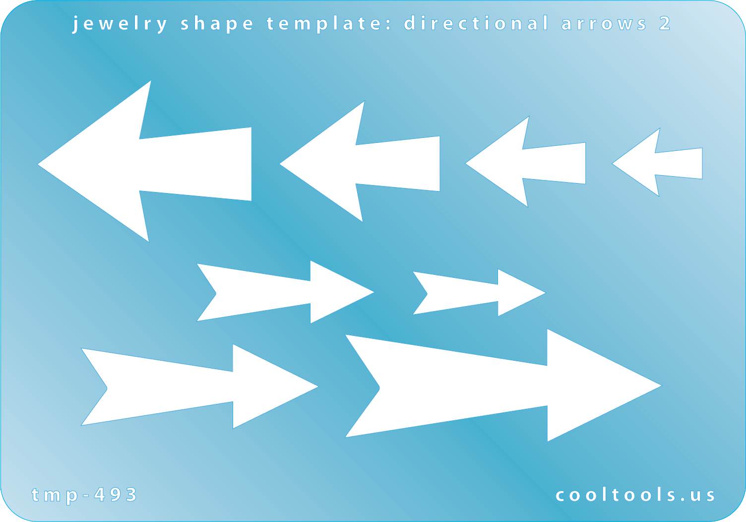 Blue plastic Jewelry Shape Template - Directional Arrows 2 Our special surface makes it easy to find these templates on your workbench, but allows clarity for positioning. Use smaller shapes for embossing or enamel stencils. Includes 8 arrow shapes. Sizes are from 15mm to 53.5mm.