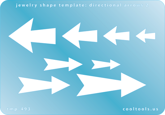 Blue plastic Jewelry Shape Template - Directional Arrows 2 Our special surface makes it easy to find these templates on your workbench, but allows clarity for positioning. Use smaller shapes for embossing or enamel stencils. Includes 8 arrow shapes. Sizes are from 15mm to 53.5mm.