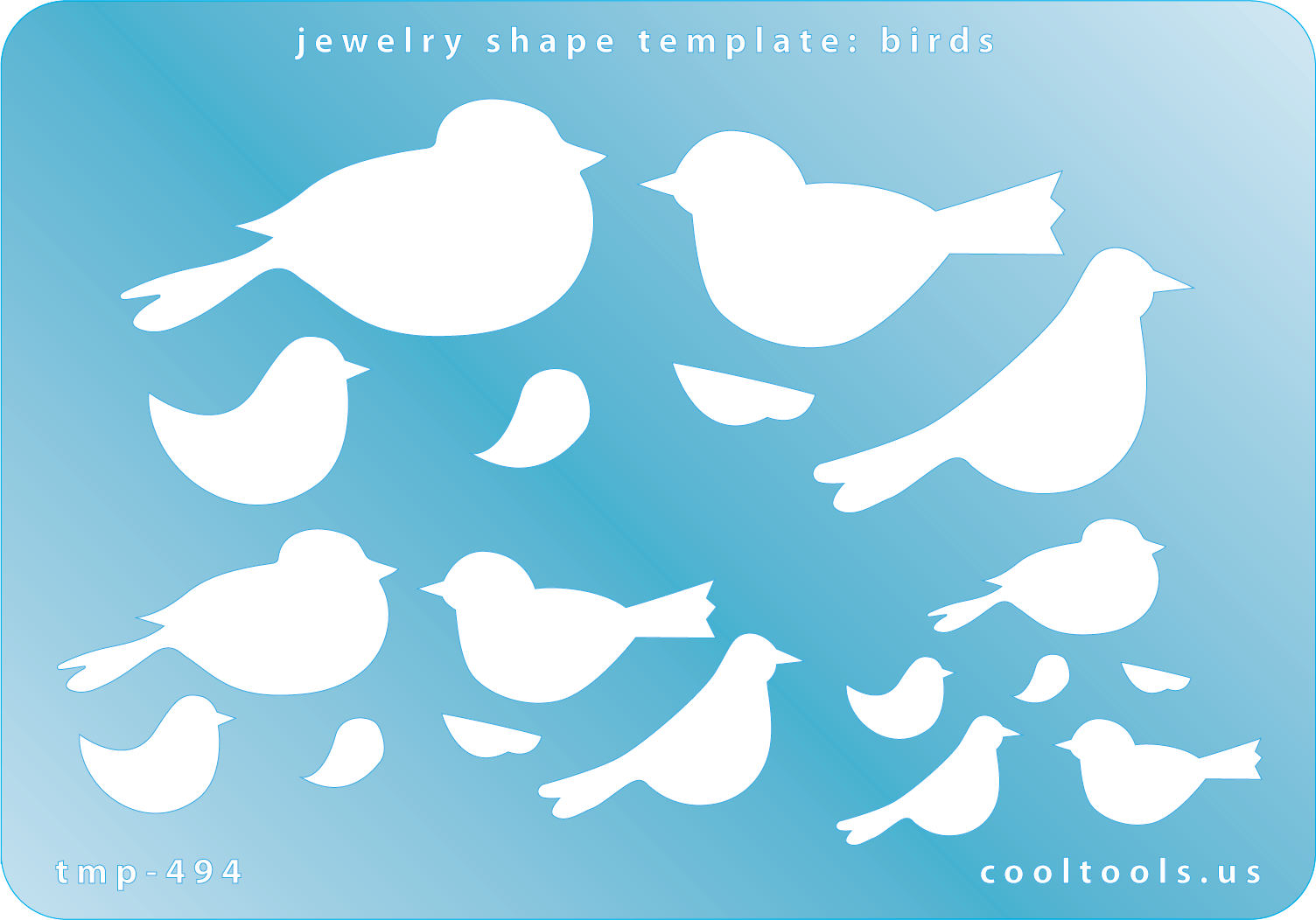 Blue plastic Jewelry Shape Template - Birds Our special surface makes it easy to find these templates on your workbench, but allows clarity for positioning. Use smaller shapes for embossing or enamel stencils. Includes 18 bird shapes. Sizes are from 5.5mm to 47.5mm.