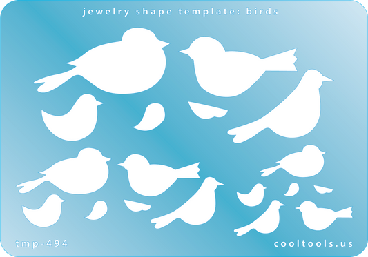 Blue plastic Jewelry Shape Template - Birds Our special surface makes it easy to find these templates on your workbench, but allows clarity for positioning. Use smaller shapes for embossing or enamel stencils. Includes 18 bird shapes. Sizes are from 5.5mm to 47.5mm.