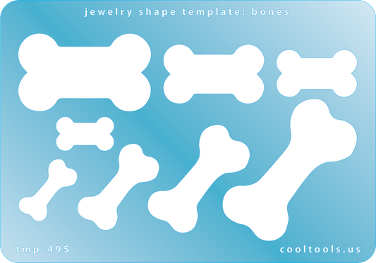 Blue plastic Jewelry Shape Template - Bones Our special surface makes it easy to find these templates on your workbench, but allows clarity for positioning. Use smaller shapes for embossing or enamel stencils. Includes 8 bone shapes. Sizes are from 19mm to 49mm.