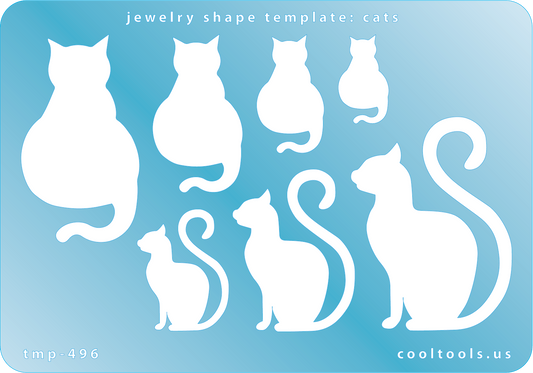 Blue plastic Jewelry Shape Template - Cats Our special surface makes it easy to find these templates on your workbench, but allows clarity for positioning. Use smaller shapes for embossing or enamel stencil. Includes 7 cat shapes. Sizes are from 20mm to 50mm.