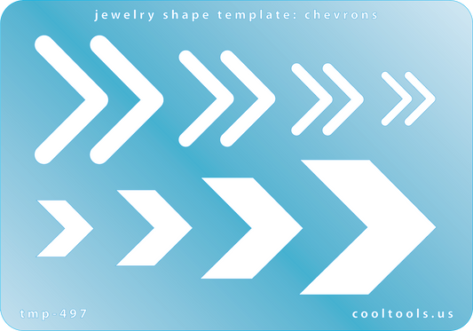 Blue plastic Jewelry Shape Template - Chevrons Our special surface makes it easy to find these templates on your workbench, but allows clarity for positioning. Use smaller shapes for embossing or enamel stencils. Includes 12 chevron shapes. Sizes are from 14.5mm to 37mm.