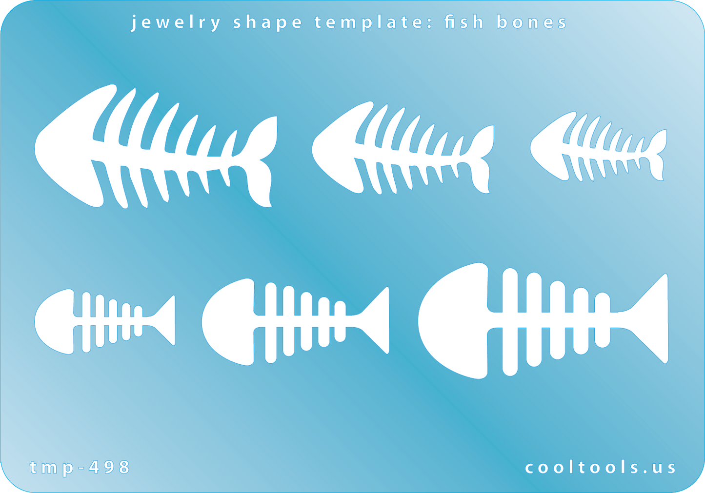 Blue plastic Jewelry Shape Template - Fish Bones Our special surface makes it easy to find these templates on your workbench, but allows clarity for positioning. Use smaller shapes for embossing or enamel stencils. Includes 6 fish bone shapes. Sizes are from 25mm to 46mm.