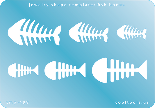 Blue plastic Jewelry Shape Template - Fish Bones Our special surface makes it easy to find these templates on your workbench, but allows clarity for positioning. Use smaller shapes for embossing or enamel stencils. Includes 6 fish bone shapes. Sizes are from 25mm to 46mm.