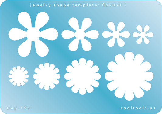Blue plastic Jewelry Shape Template - Flowers 1 Our special surface makes it easy to find these templates on your workbench, but allows clarity for positioning. Use smaller shapes for embossing or enamel stencils. Includes 8 flower shapes. Sizes are from 15.5mm to 39mm.
