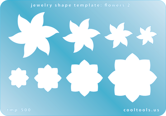  Blue plastic Jewelry Shape Template - Flowers 2 Our special surface makes it easy to find these templates on your workbench, but allows clarity for positioning. Use smaller shapes for embossing or enamel stencils. Includes 8 flower shapes. Sizes are from 15mm to 37.5mm.