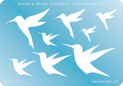 Blue plastic Jewelry Shape Template - Hummingbirds Our special surface makes it easy to find these templates on your workbench, but allows clarity for positioning. Use smaller shapes for embossing or enamel stencils. Includes 8 hummingbird shapes. Sizes are from 14 mm to 60mm.