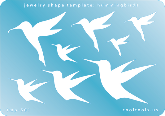 Blue plastic Jewelry Shape Template - Hummingbirds Our special surface makes it easy to find these templates on your workbench, but allows clarity for positioning. Use smaller shapes for embossing or enamel stencils. Includes 8 hummingbird shapes. Sizes are from 14 mm to 60mm.