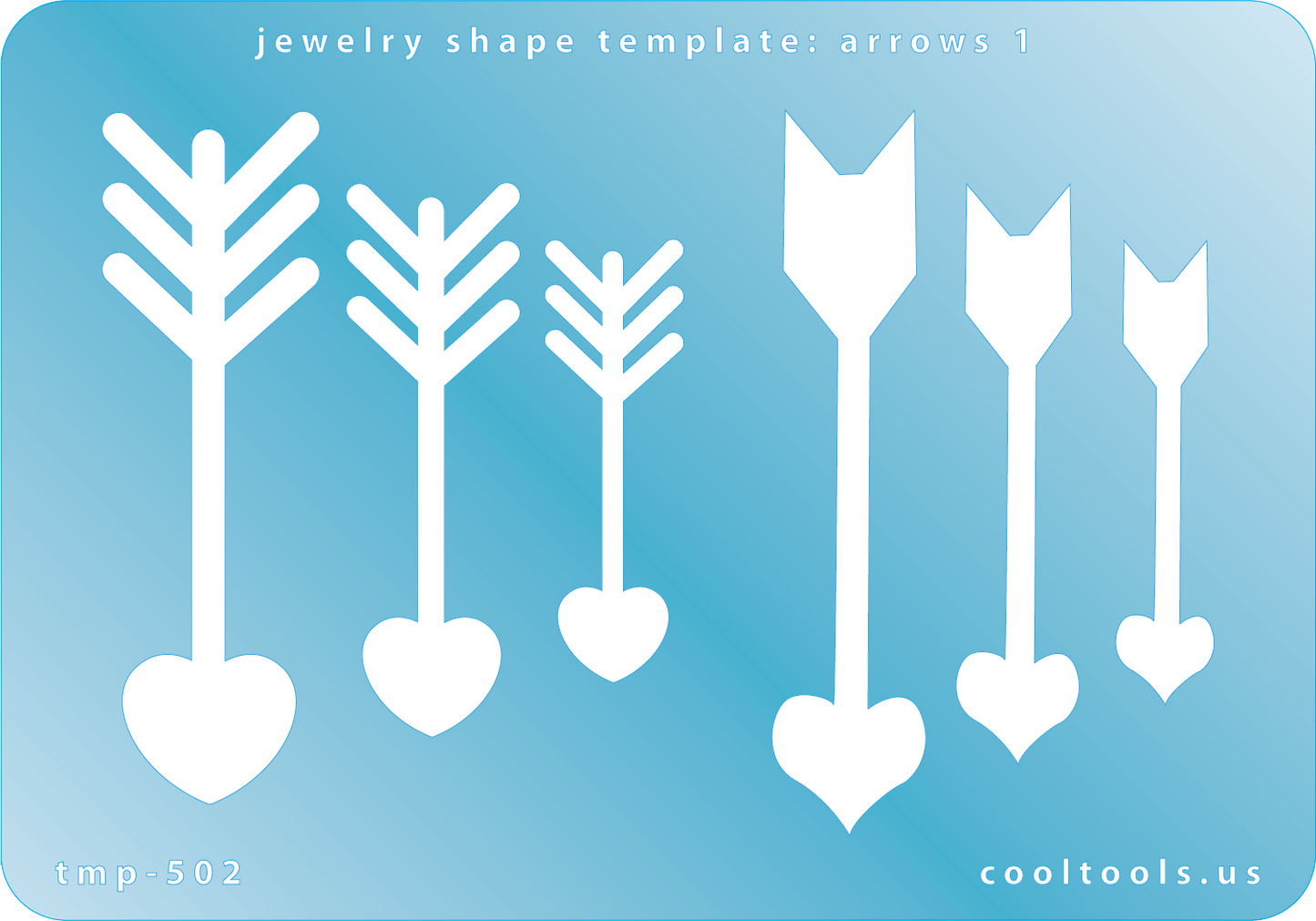 Blue plastic Jewelry Shape Template - Arrows 1 Our special surface makes it easy to find these templates on your workbench, but allows clarity for positioning. Use smaller shapes for embossing or enamel stencils. Includes 6 arrow shapes. Sizes are from 14mm to 60mm.