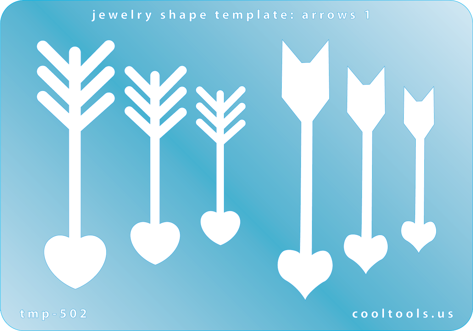 Blue plastic Jewelry Shape Template - Arrows 1 Our special surface makes it easy to find these templates on your workbench, but allows clarity for positioning. Use smaller shapes for embossing or enamel stencils. Includes 6 arrow shapes. Sizes are from 14mm to 60mm.