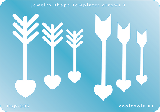 Blue plastic Jewelry Shape Template - Arrows 1 Our special surface makes it easy to find these templates on your workbench, but allows clarity for positioning. Use smaller shapes for embossing or enamel stencils. Includes 6 arrow shapes. Sizes are from 14mm to 60mm.