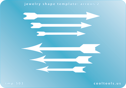       Blue plastic Jewelry Shape Template - Arrows 2 Our special surface makes it easy to find these templates on your workbench, but allows clarity for positioning. Use smaller shapes for embossing or enamel stencils. Includes 6 arrow shapes. Sizes are from 49mm to 76mm.