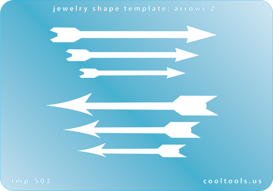       Blue plastic Jewelry Shape Template - Arrows 2 Our special surface makes it easy to find these templates on your workbench, but allows clarity for positioning. Use smaller shapes for embossing or enamel stencils. Includes 6 arrow shapes. Sizes are from 49mm to 76mm.