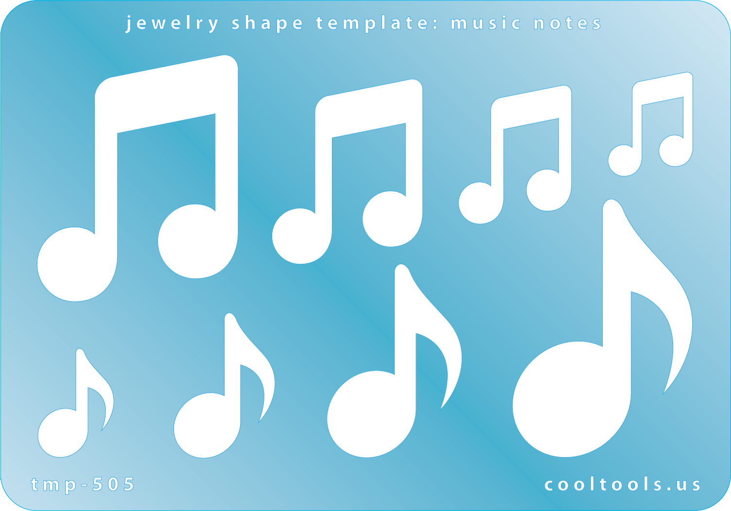 Blue plastic Jewelry Shape Template - Music Notes Our special surface makes it easy to find these templates on your workbench, but allows clarity for positioning. Use smaller shapes for embossing or enamel stencils. Includes 8 music note shapes. Sizes are from 19mm to 51.5mm. 