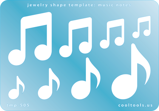 Blue plastic Jewelry Shape Template - Music Notes Our special surface makes it easy to find these templates on your workbench, but allows clarity for positioning. Use smaller shapes for embossing or enamel stencils. Includes 8 music note shapes. Sizes are from 19mm to 51.5mm. 