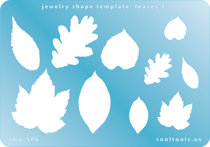Blue plastic Jewelry Shape Template - Leaves 1 Our special surface makes it easy to find these templates on your workbench, but allows clarity for positioning. Use smaller shapes for embossing or enamel stencils. Includes 10 leaf shapes. Sizes are from 15.5mm to 37.5mm.