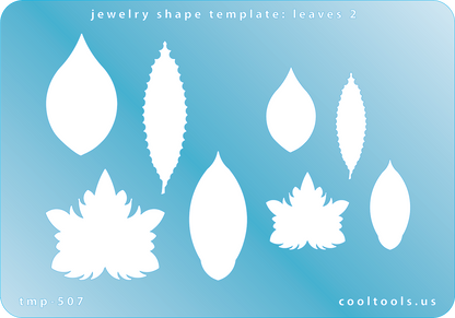 Blue plastic Jewelry Shape Template - Leaves 2 Our special surface makes it easy to find these templates on your workbench, but allows clarity for positioning. Use smaller shapes for embossing or enamel stencils. Includes 8 leaf shapes. Sizes are from 23mm to 42mm.