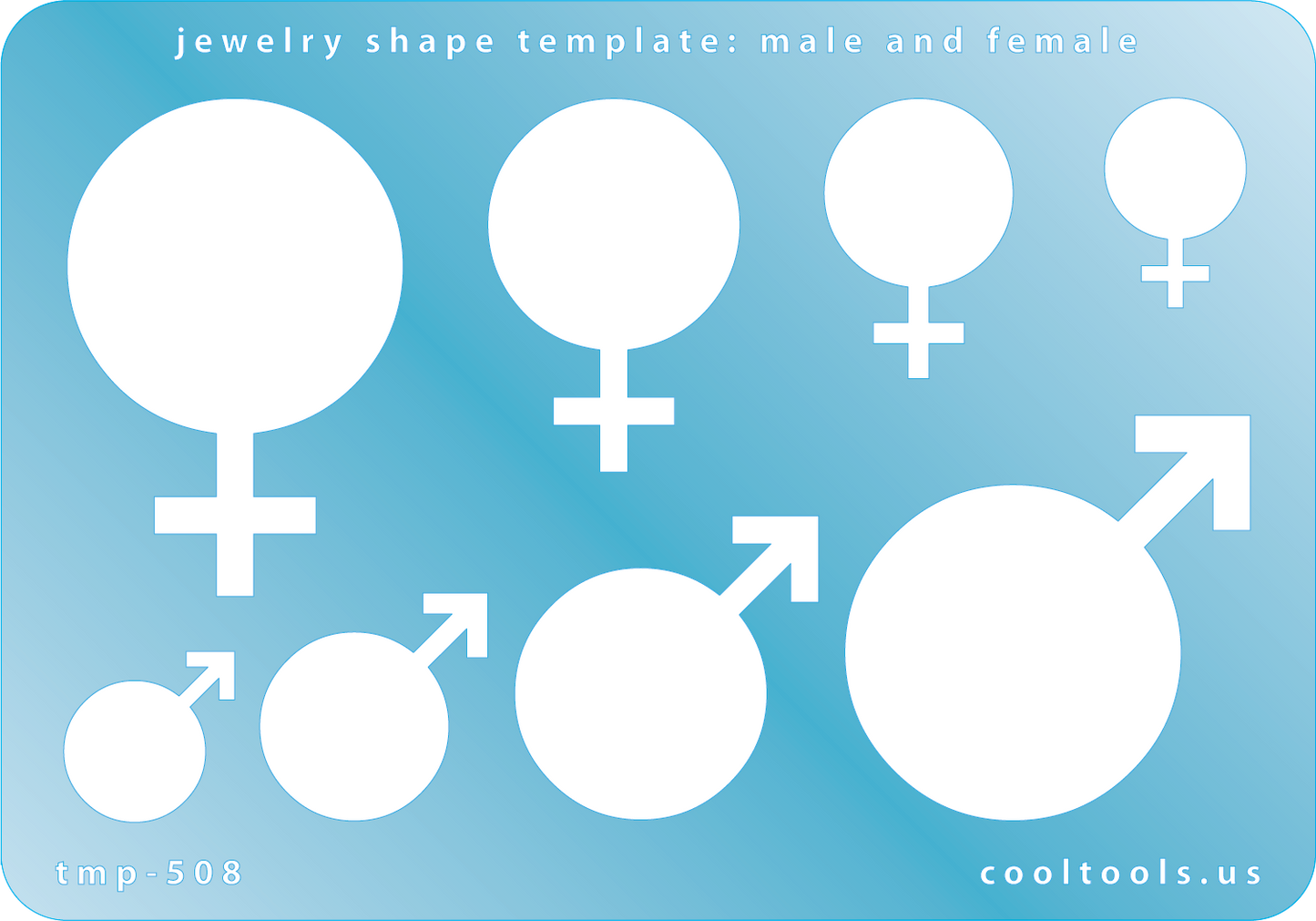 Blue plastic Jewelry Shape Template - Male and Female Our special surface makes it easy to find these templates on your workbench, but allows clarity for positioning. Use smaller shapes for embossing or enamel stencils. Includes 8 shapes. Sizes are from 20mm to 48mm.
