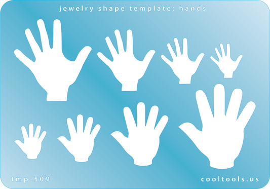 Blue plastic Jewelry Shape Template - Hands Our special surface makes it easy to find these templates on your workbench, but allows clarity for positioning. Use smaller shapes for embossing or enamel stencils. Includes 8 hand shapes. Sizes are from 10mm to 35mm.