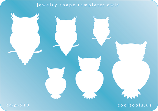 Blue plastic Jewelry Shape Template - Owls Our special surface makes it easy to find these templates on your workbench, but allows clarity for positioning. Use smaller shapes for embossing or enamel stencils. Includes 6 owl shapes. Sizes are from 23mm to 47mm.