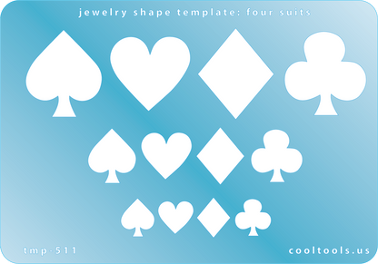 Blue plastic Jewelry Shape Template - Four Suits Our special surface makes it easy to find these templates on your workbench, but allows clarity for positioning. Use smaller shapes for embossing or enamel stencils. Includes 12 shapes. Sizes are from 12.5mm to 29mm.