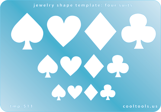 Blue plastic Jewelry Shape Template - Four Suits Our special surface makes it easy to find these templates on your workbench, but allows clarity for positioning. Use smaller shapes for embossing or enamel stencils. Includes 12 shapes. Sizes are from 12.5mm to 29mm.