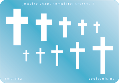 Blue plastic Jewelry Shape Template - Crosses 1 Our special surface makes it easy to find these templates on your workbench, but allows clarity for positioning. Use smaller shapes for embossing or enamel stencils. Includes 10 cross shapes. Sizes are from 12mm to 39mm.