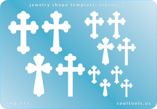 Blue plastic Jewelry Shape Template - Crosses 2 Our special surface makes it easy to find these templates on your workbench, but allows clarity for positioning. Use smaller shapes for embossing or enamel stencils. Includes 12 cross shapes. Sizes are from 14mm to 35mm.
