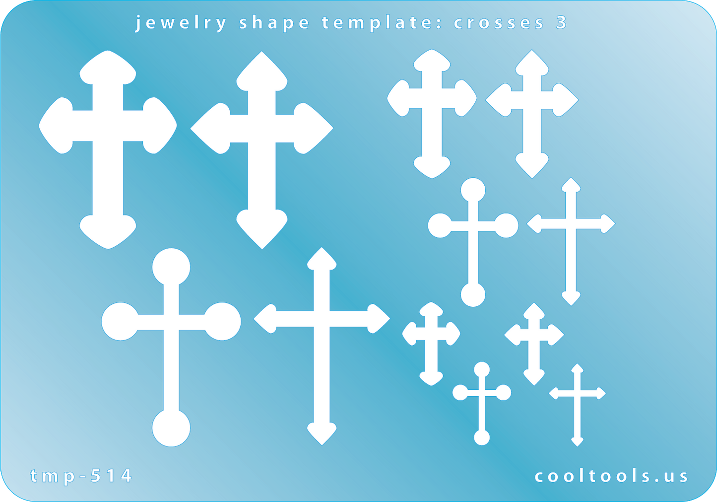 Blue plastic Jewelry Shape Template - Crosses 3 Our special surface makes it easy to find these templates on your workbench, but allows clarity for positioning. Use smaller shapes for embossing or enamel stencils. Includes 12 cross shapes. Sizes are from 14mm to 35mm.