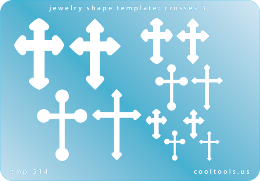 Blue plastic Jewelry Shape Template - Crosses 3 Our special surface makes it easy to find these templates on your workbench, but allows clarity for positioning. Use smaller shapes for embossing or enamel stencils. Includes 12 cross shapes. Sizes are from 14mm to 35mm.