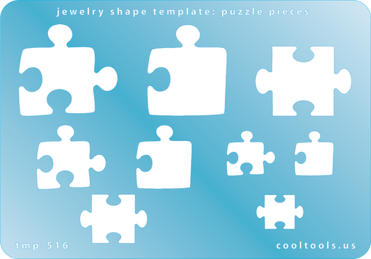 Blue plastic Jewelry Shape Template - Puzzle Pieces Our special surface makes it easy to find these templates on your workbench, but allows clarity for positioning. Use smaller shapes for embossing or enamel stencils. Includes 9 shapes. Sizes are from 15mm to 31mm.