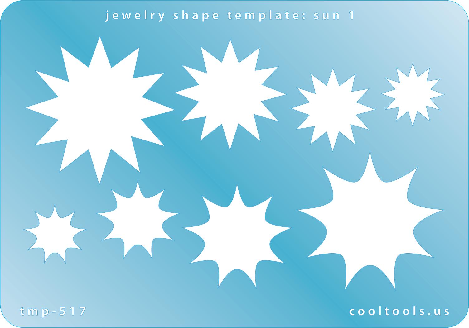 Blue plastic Jewelry Shape Template - Sun 1 Our special surface makes it easy to find these templates on your workbench, but allows clarity for positioning. Use smaller shapes for embossing or enamel stencils. Includes 8 shapes. Sizes are from 14mm to 37.5mm.