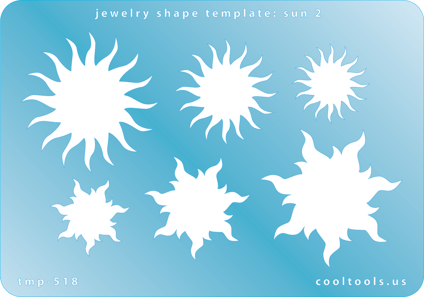 Blue plastic Jewelry Shape Template - Sun 2 Our special surface makes it easy to find these templates on your workbench, but allows clarity for positioning. Use smaller shapes for embossing or enamel stencils. Includes 6 shapes. Sizes are from 22mm to 41mm. 