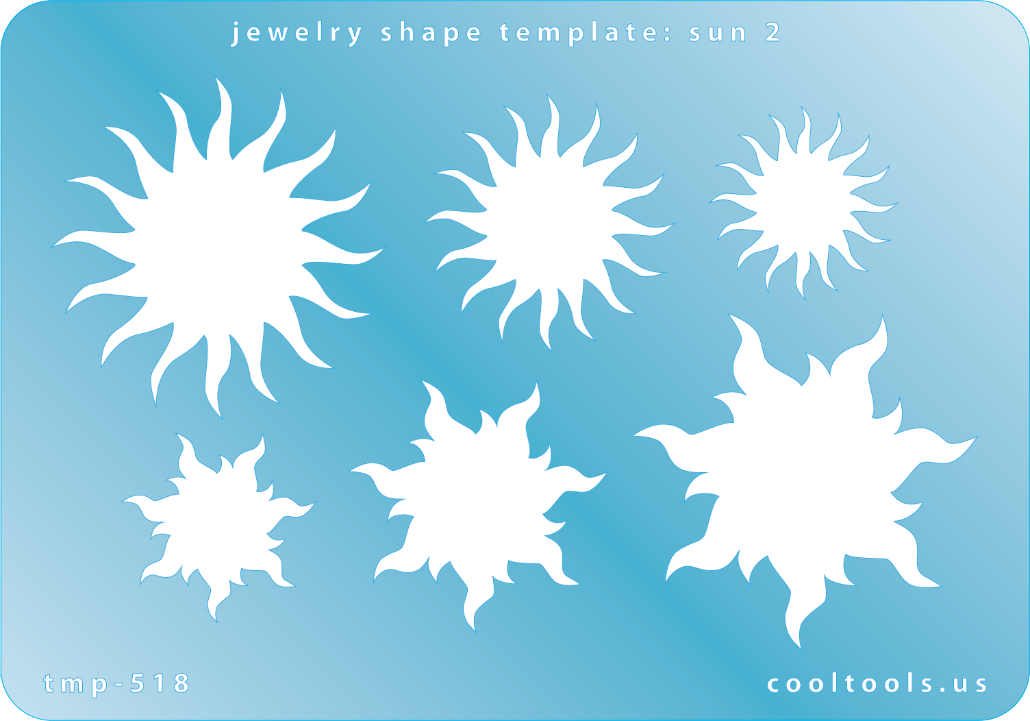 Blue plastic Jewelry Shape Template - Sun 2 Our special surface makes it easy to find these templates on your workbench, but allows clarity for positioning. Use smaller shapes for embossing or enamel stencils. Includes 6 shapes. Sizes are from 22mm to 41mm. 