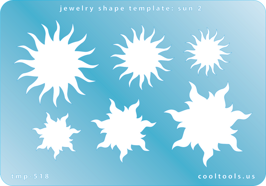 Blue plastic Jewelry Shape Template - Sun 2 Our special surface makes it easy to find these templates on your workbench, but allows clarity for positioning. Use smaller shapes for embossing or enamel stencils. Includes 6 shapes. Sizes are from 22mm to 41mm. 