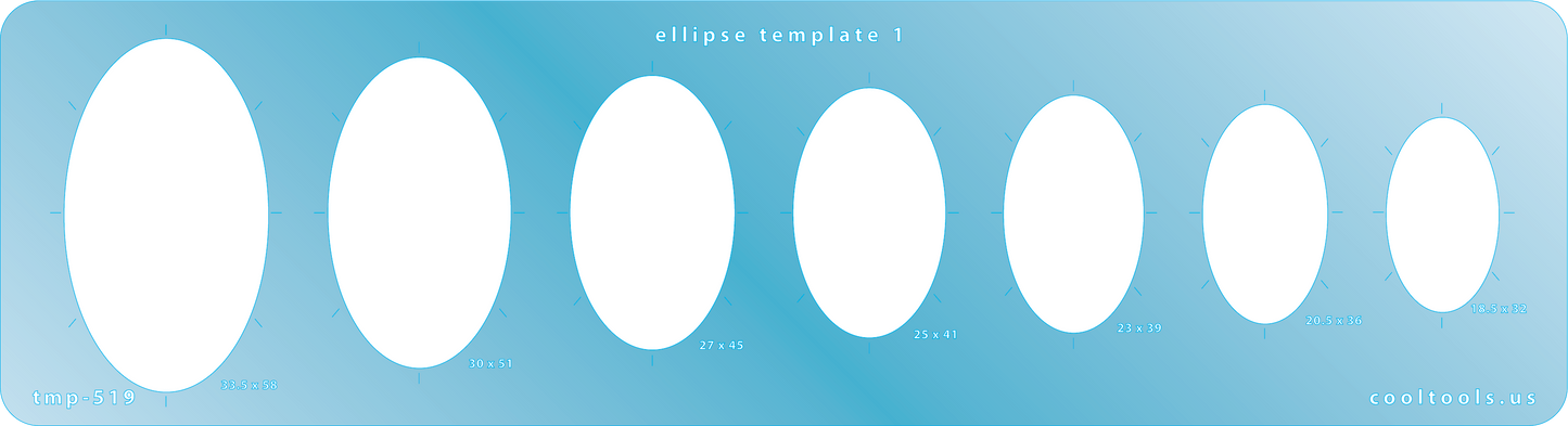 Blue plastic Jewelry Shape Template - Ellipse 1 Our special surface makes it easy to find these templates on your workbench, but allows clarity for positioning. Includes 8 ellipse shapes. Sizes are from 18.5mm x 32mm to 33.5mm x 58mm. 